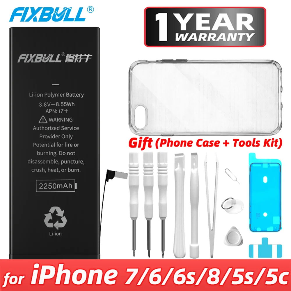 Аккумулятор для телефона FIXBULL для iPhone 7 6 6S 8 5S 5C, оригинальные литий-полимерные аккумуляторы большой емкости для iPhone7 iPhone8, набор инструментов ...
