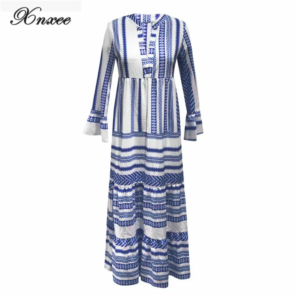 

Xnxee Women Printed V Neck Straight Long Sleeve Beach Party Bohemian Dignified Noble Popular Long Dress Summer S-3XL