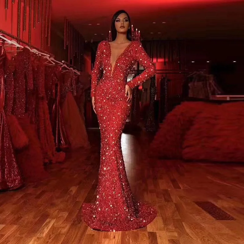 Красное модное элегантное платье с блестками и жемчугом новинка 2019 сексуальное