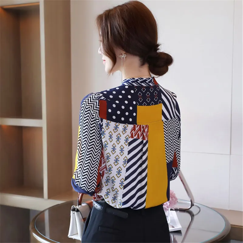 

2020 Autumn Fashion Women Long Sleeve Tops Patchwork Print Blouse Silk Shirts Casual Lady Lac-up Bow V-Neck Clothes Blusas Mujer