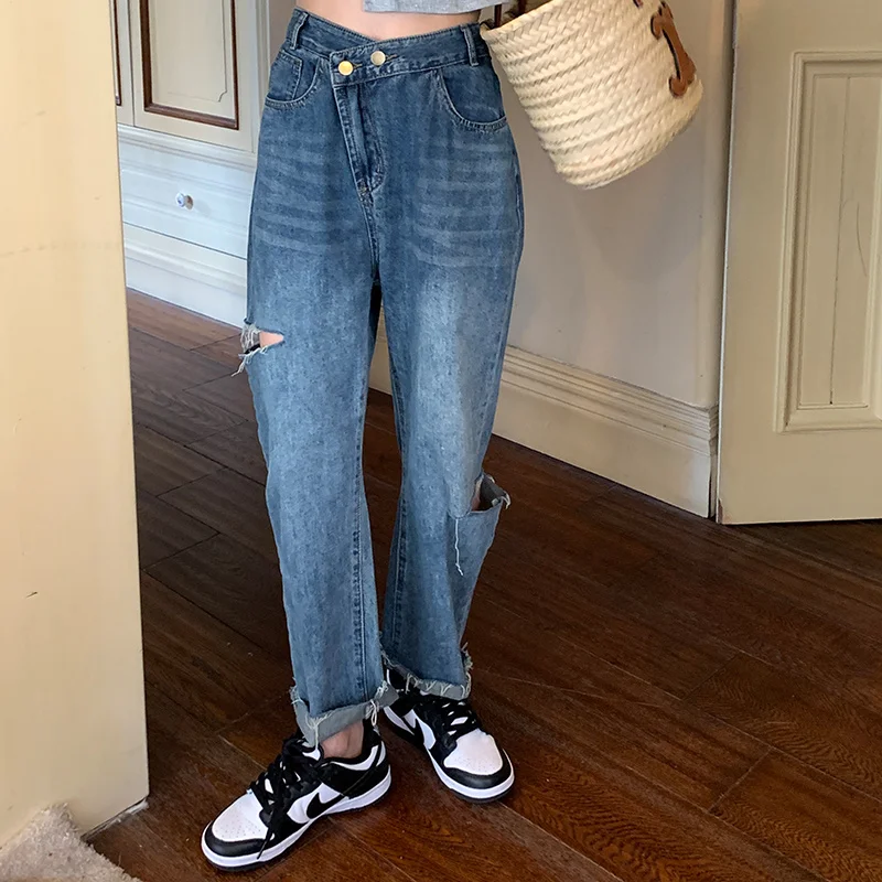 Black Design Sense Jeans Pierced Women's High Waist Thin Irregular Closure Double Button Tear Tassel Wide Leg | Женская одежда