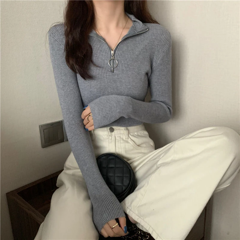 

Korean Style 9 Colors Skinny Knitted Pullovers Solid Base Jumper Fashion Zipper Half Turtleneck Elastic Knitwear Tops Women