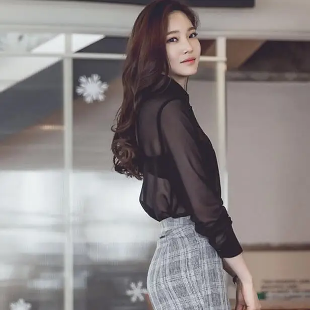 Сексуальные женские блузки топы 2020 черные шифоновые со стоячим воротником и