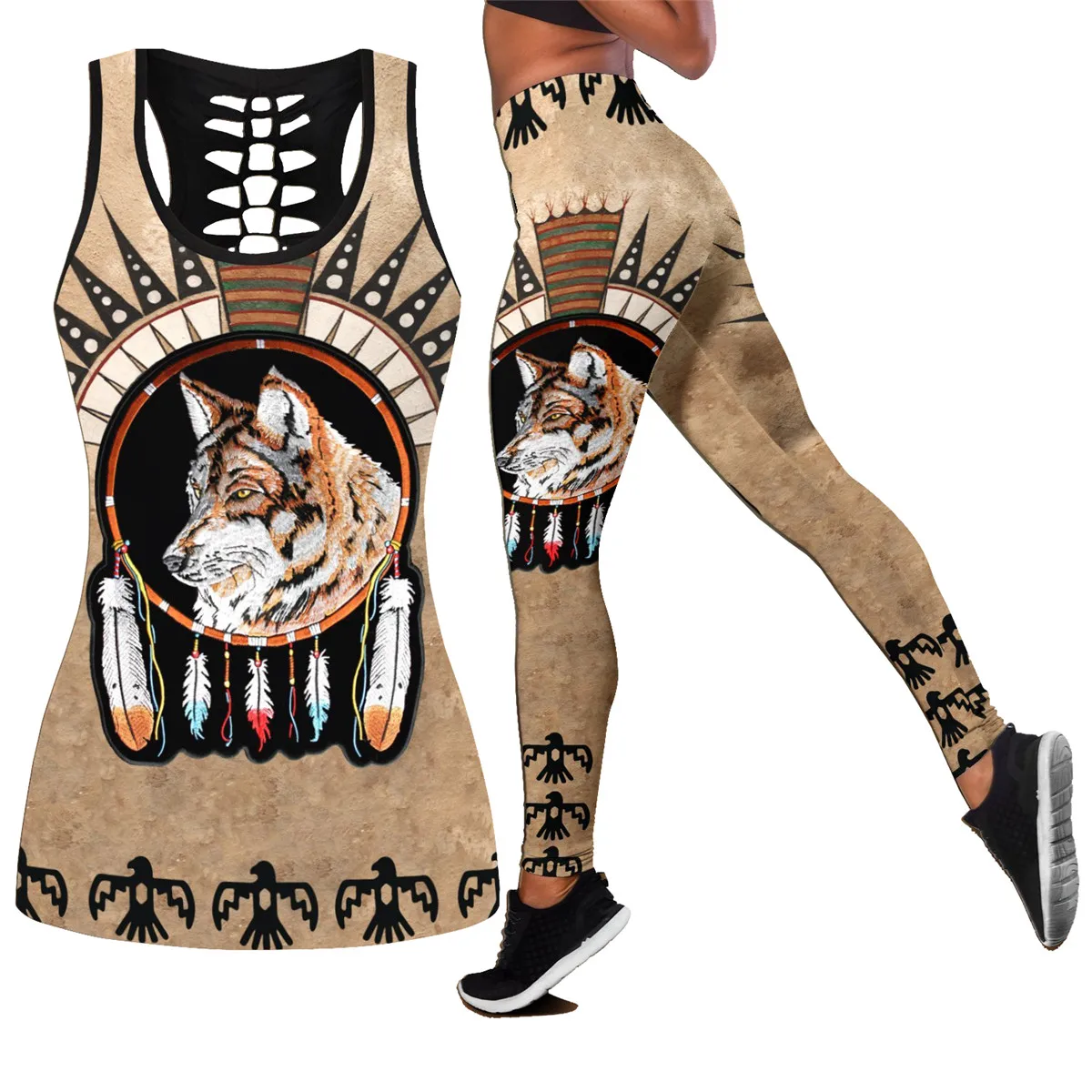 

Yoga Set For Women Native Indian 3D All Over Printed Hollow Wolf Tank top Sexy Retro Suit Fitness Soft Legging
