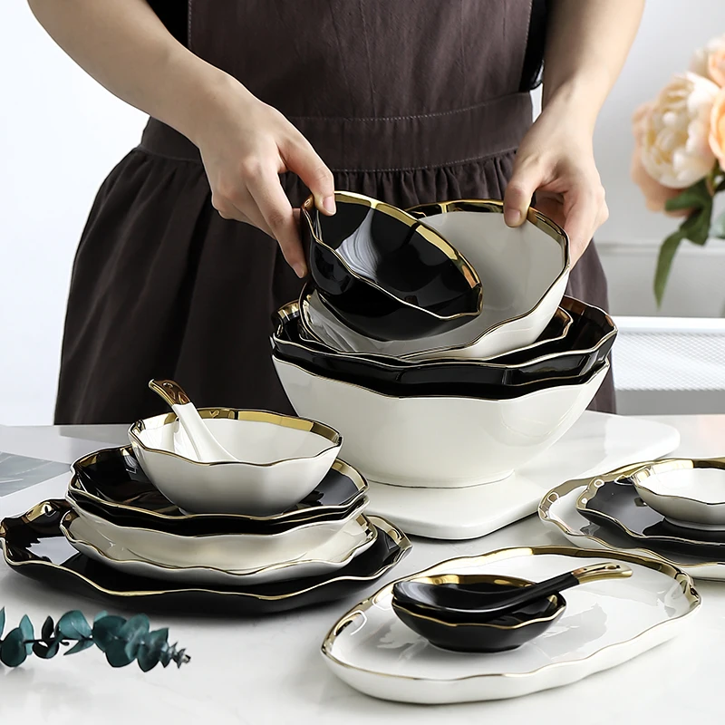 

White Black Gold Rim Ceramic Dinner Plate Porcelian Snack Dishes Luxury Beef Dessert Tray Rice Soup Bowl Spoon Tableware Set