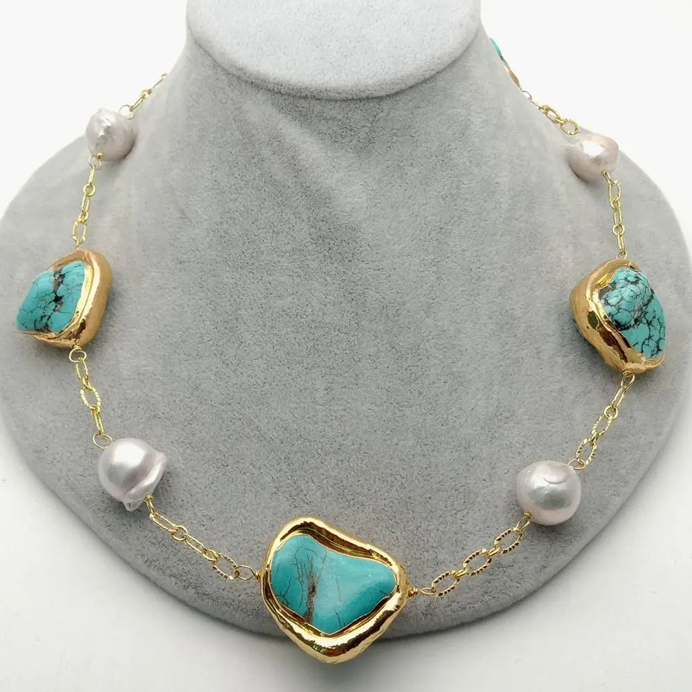 Ожерелье женское с жемчугом длинное колье белым покрытием из желтого золота в