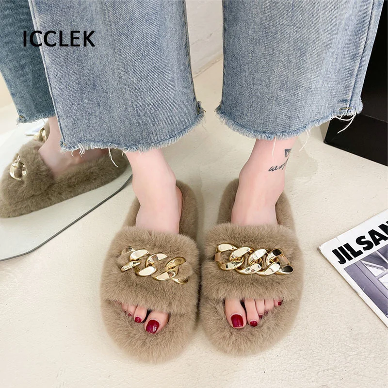 Women House Slippers Winter Faux Fur Slides Indoor Home Slippers Shoes Woman Slip on Furry Slippers Plush Warm Ladies Shoes