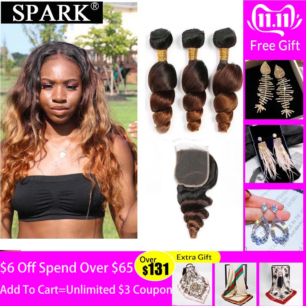 Spark Ombre пряди волос с закрытием бразильские Свободные волны Remy натуральные
