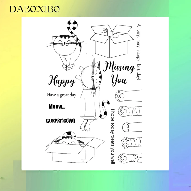 

DABOXIBO Cute Cat Clear Stamps For DIY Scrapbooking/Card Making/Photo Album Silicone Decorative Crafts 13X13