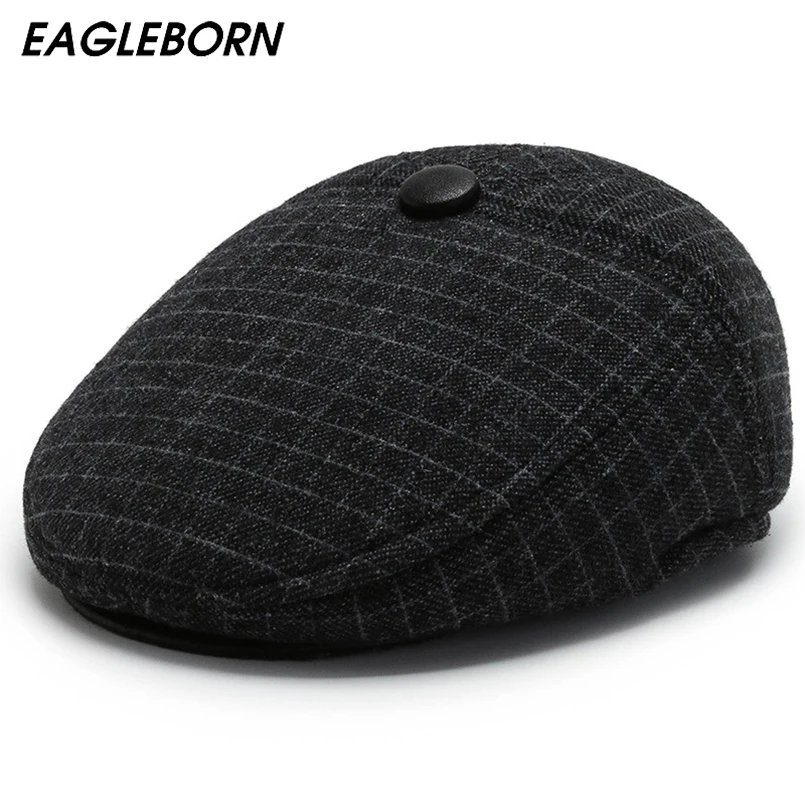 New Winter Man Hat Dad Hat Warm Beret Middle-aged Painter Grandpa Beret Men Winter Black Checkered Villus Berets Dad Hats Caps