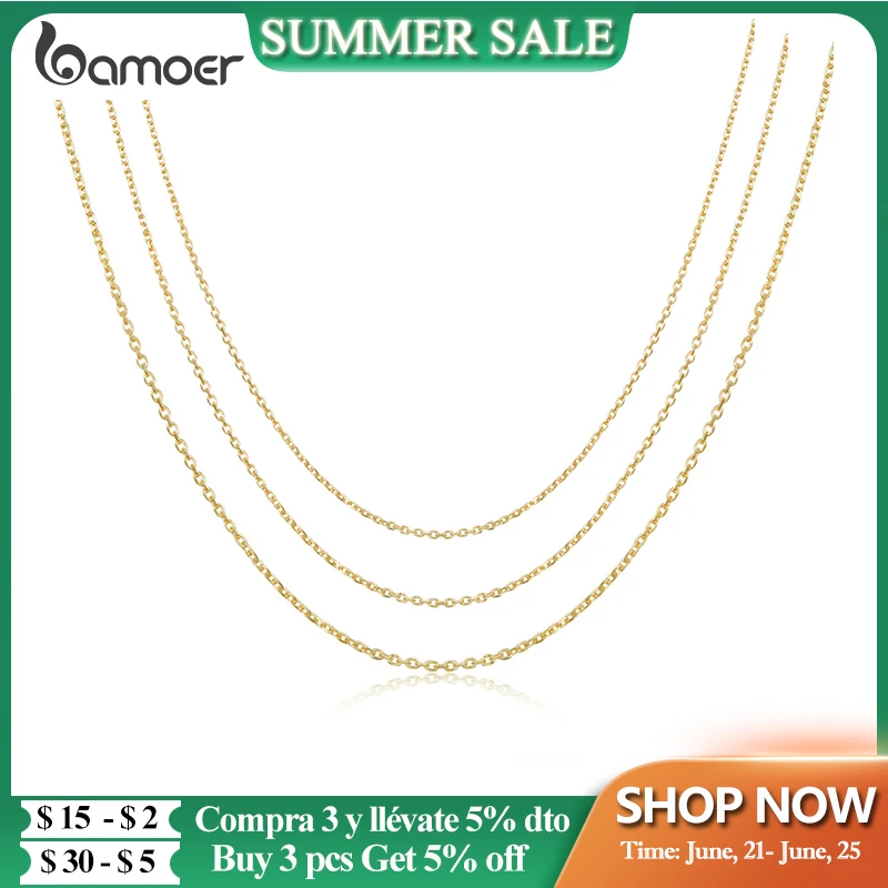 

bamoer Authentic Gold Color 925 Sterling Silver Basic Cable Chain Necklace Pendant for Women Long Chain Fashion Jewelry SCA016