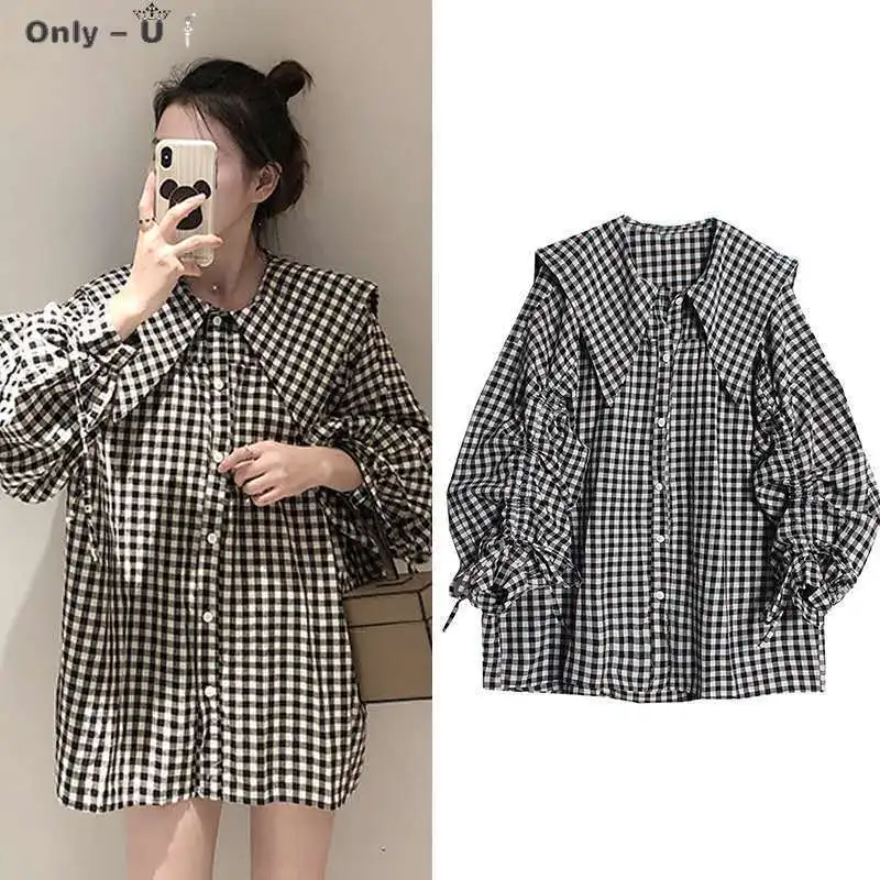 

Bow Shirts Womens 2021 New Korean Lantern Sleeve Plaid Oversized Blouse Young Preppy Style Plus Size Lapel Peter Pan Collar Tops