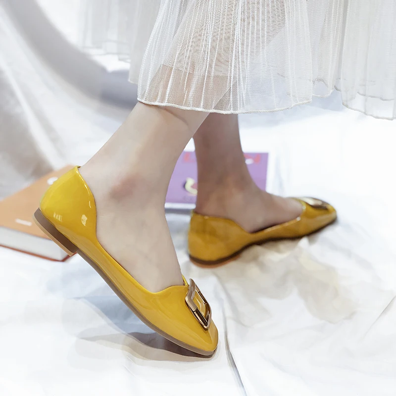 

Summer Women's Shoes Flat Single Shoes Square Toe Shallow Mouth Work Shoes Round Buckle Metal Button Shoes Zapatos De Mujer