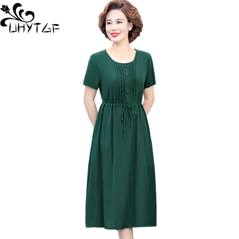 

Свободные платья UHYTGF для женщин среднего возраста 6XL, Модный пуловер с круглым вырезом, летнее платье, элегантная женская тонкая одежда 1508