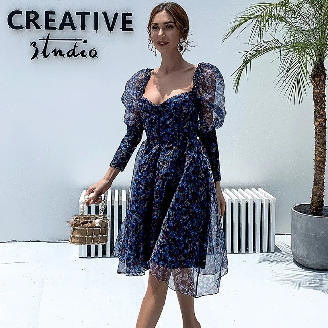 

Fashion Floral Square Collar Backless Dress Women Sweet Long puff Sleeve Sheer Mesh Holiday Lady organza Dress Vestidos