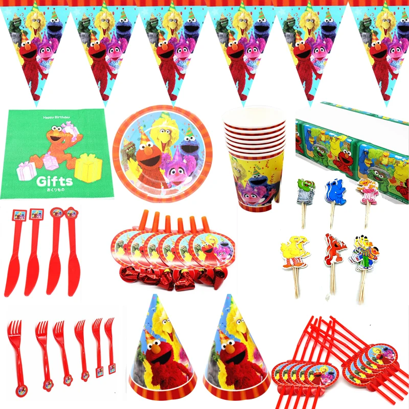 

Sesame Street Cups Plates Tablecloth Banner Napkins Kids Boys Favors Cake Toppers Blowouts Straws Hats Forks Knife 129Pcs/lot