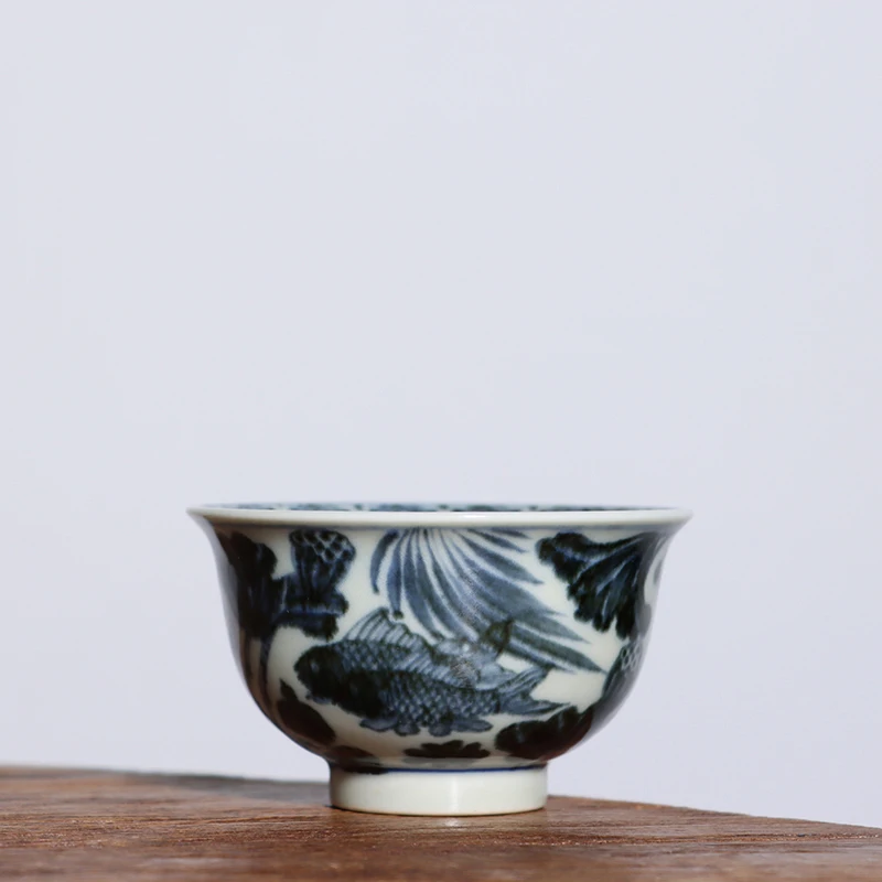 Imitaci&oacute;n Ming azul y blanco monta&ntilde;a Creaci&oacute;n de habitaci&oacute;n pintado a mano grano de pescado presi&oacute;n taza mano 100 cc-1