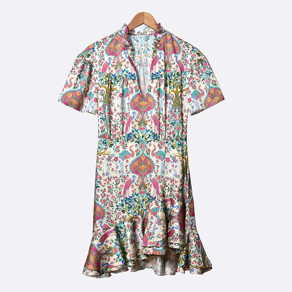

French elegance 2020 spring and summer new national style print elegant temperament bubble sleeve lace up women's dress
