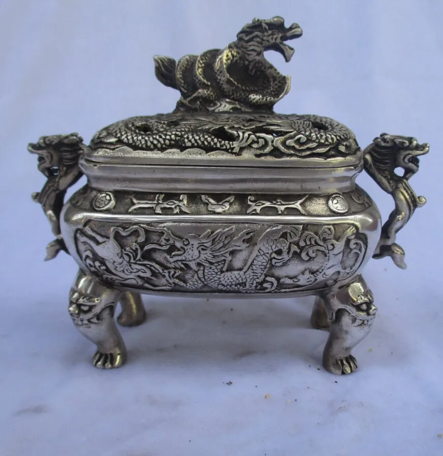 

Rare old antique tibet silver carved chinese dragon incense burner /metal censer free shipping