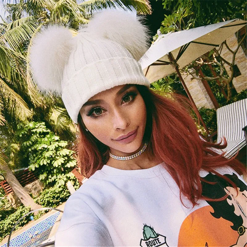 

Fur Ball Cap 2 Pom Poms Winter Hats For Women Girl's Wool Knitted Hat Cotton Beanies Cap Thick Bonnet Femme Cap
