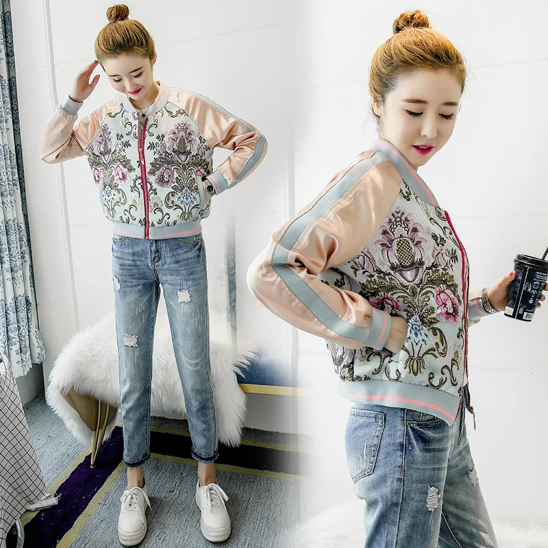 Женская куртка с вышитыми цветами бейсбольная форма в стиле пилота костюм на