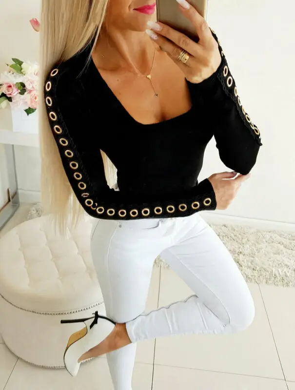 Лидер продаж модная пикантная Футболка с вырезами Женский пуловер облегающий