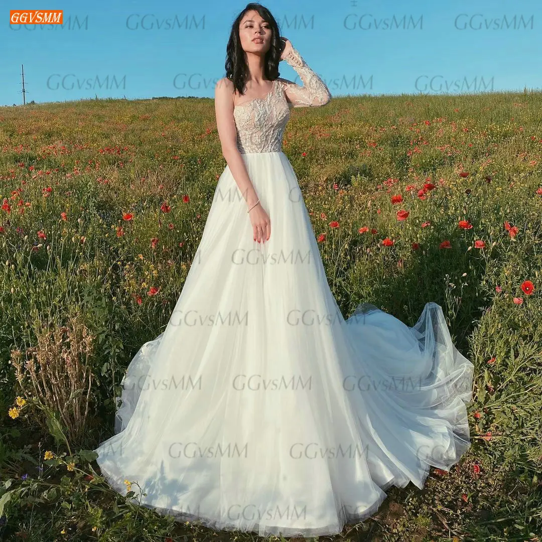 

Elegant Boho Wedding Gowns 2021 One Shoulder vestido de noiva Lace Appliques Beading Bride Dresses Tulle A Line abito da sposa