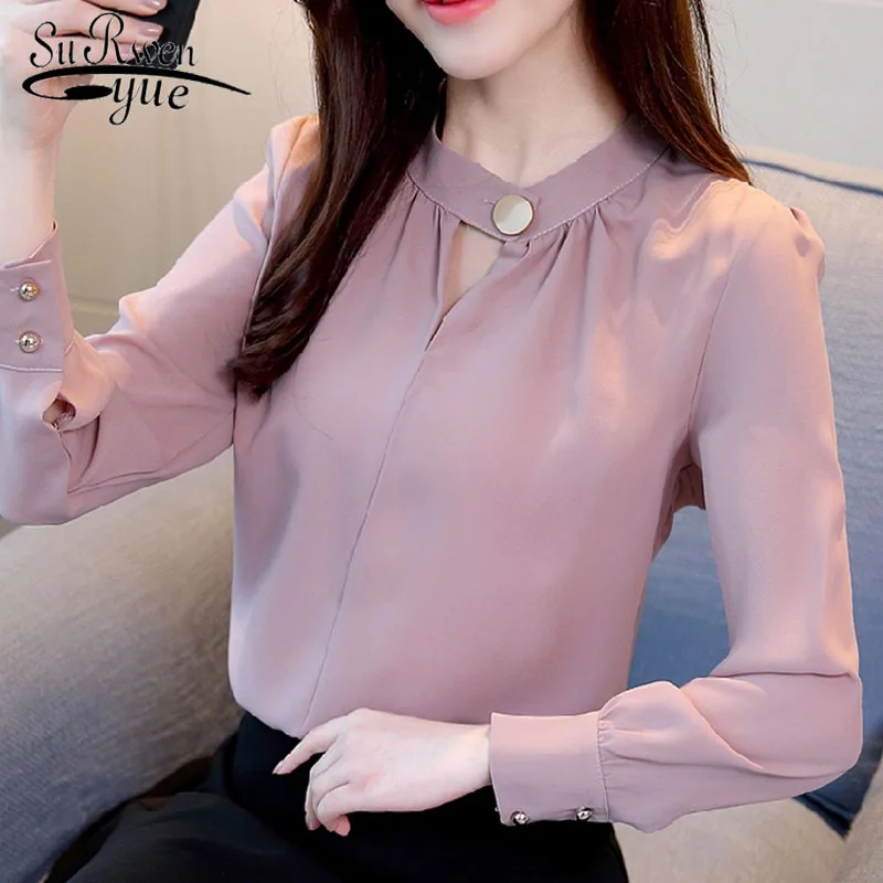 Модная женская блузка 2021 голубая шифоновая с длинным рукавом рубашка офисная