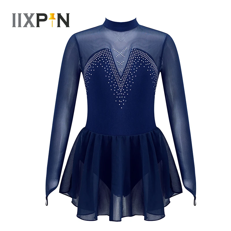

Kids Girls Figure Ice Skating Dress Long Sleeve Hollow Back Mesh Splice Skating Ballet Dance Gymnastics Leotard Dress Dance Wear