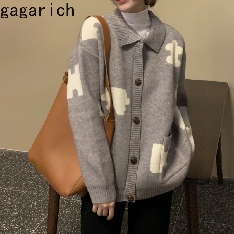 Gagarich Woman Knitting Cardigan 2021 Autumn New Loose Korea Lazy Style Ins Turn Down Collar Single Breast Female Puzzle Sweater |