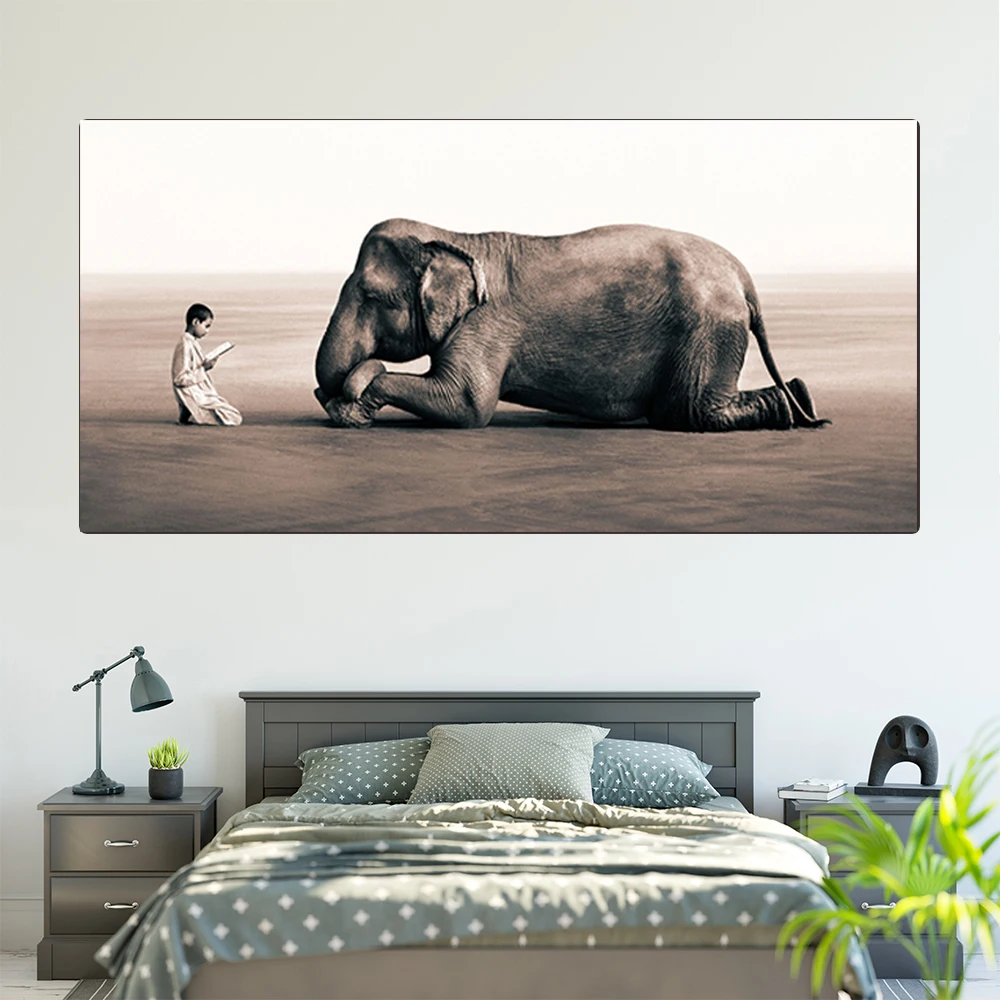 

Modern Fashion Canvas Painting Nordic Posters And Print Black and White Picture Elephant and Boy For Living Room Home Decoration