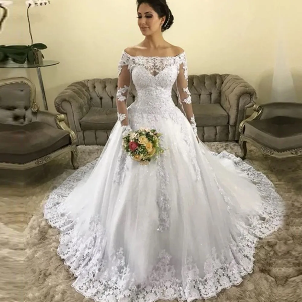 

Женское свадебное платье с вырезом лодочкой, белое кружевное платье невесты с длинными рукавами и аппликацией, индивидуальный пошив, круже...