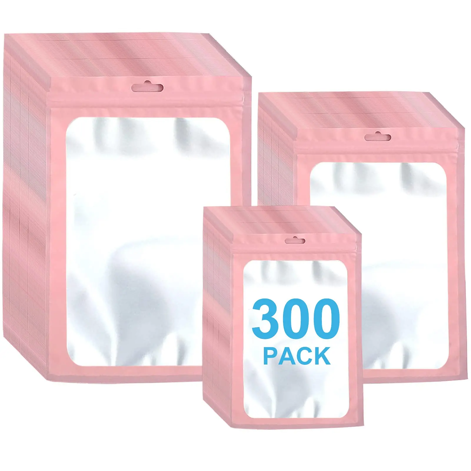 

300 Pack 3 Sizes Resealable Mylar Bags Food Storage Smell Proof Bags with Front Window Packaging Pouch For Snack Cookies Jewelry