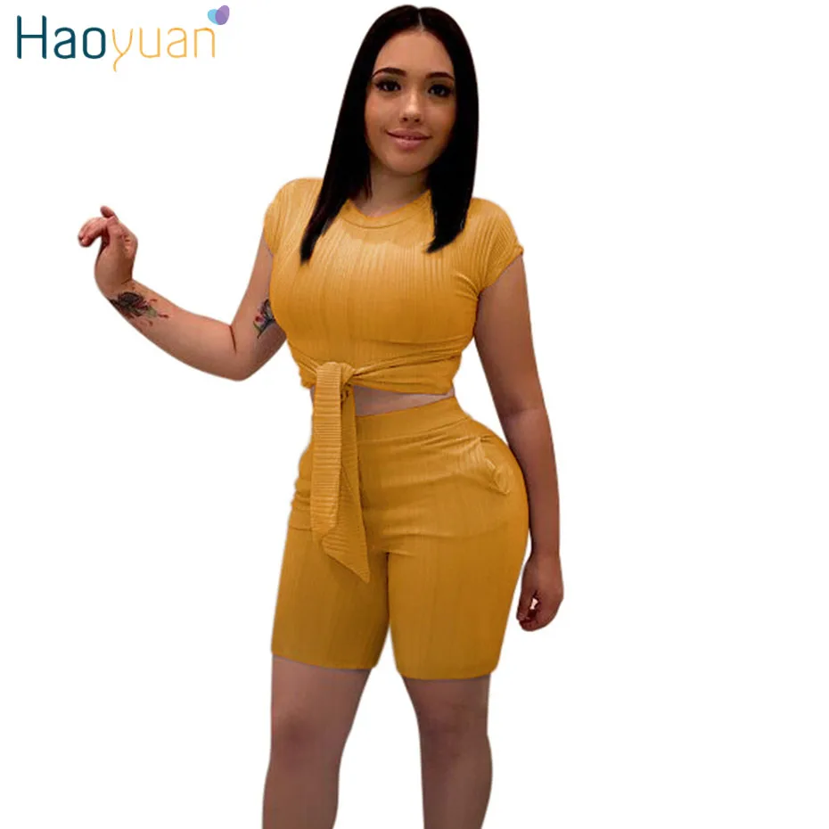 HAOYUAN комплект из 2 предметов; летняя одежда для женщин; бандажный укороченный топ и байкерские шорты; спортивный костюм; пикантные комплекты из двух предметов