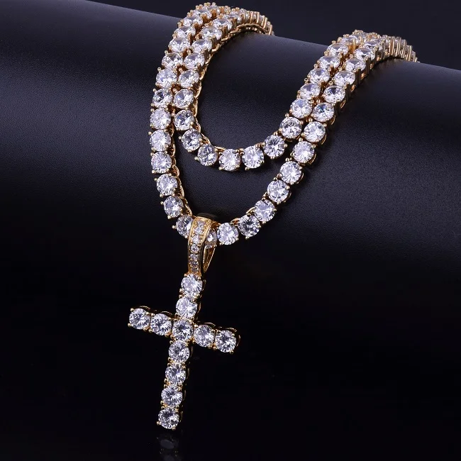 New Fashion Charm Gold Color Cross Pendant with 4mm Tennis Chain Necklace Set Men's Hip Hop Jewelry AAAA Zircon Women Jewelry