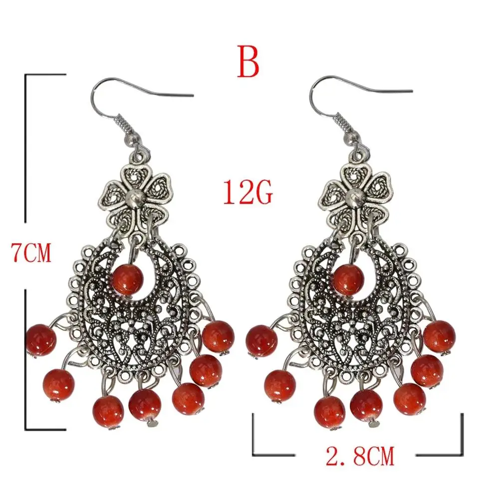 Богемные Винтажные серьги с красным камнем и бусинами для женщин эффектные