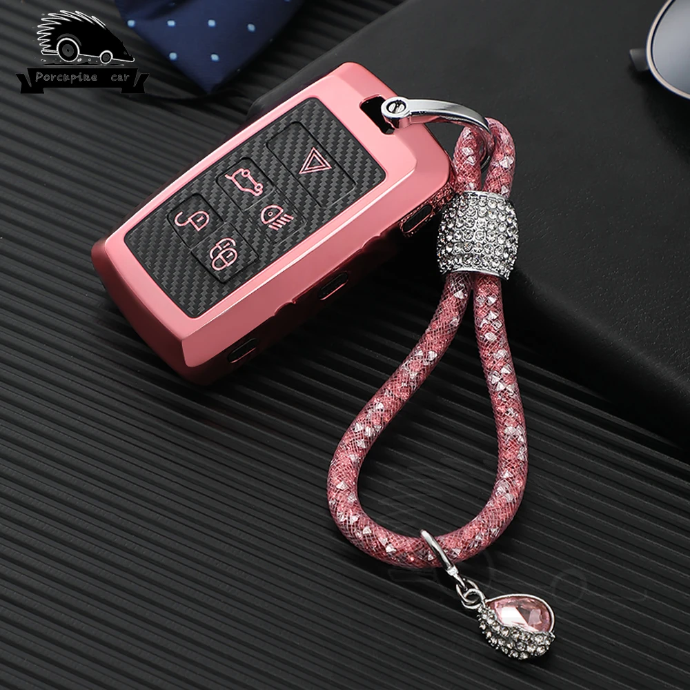 

TPU carbon fiber Car Key Case Cover Holder with Keychain For Land Rover Range Rover Discovery 5 Sport 2018 2019 Car Accessorie