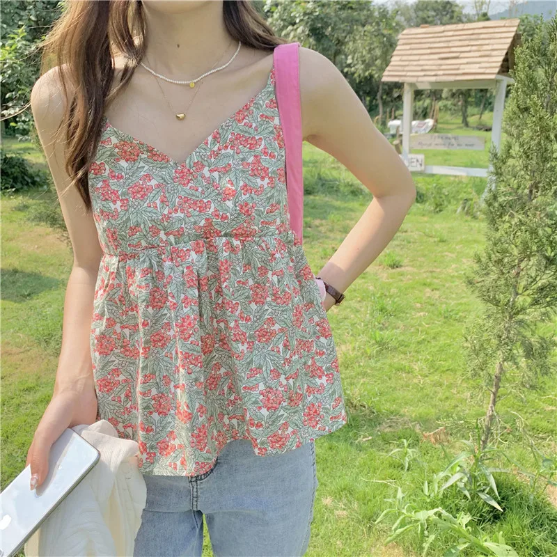 

Summer New Floral Style Simple Causal Loose Basic Fashion Vintage Fresh College Wind 2021 Women Top Camis