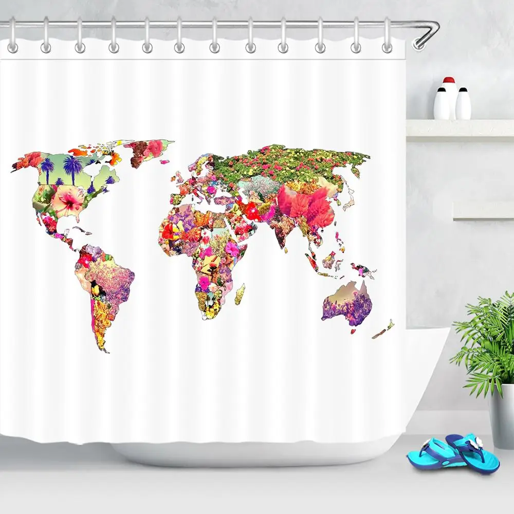 

World Map Shower Curtain Colorful Plant Flowers Creativity Bath Curtain Cloth Fabric Bathroom Screen Bathtub Decor with Hooks