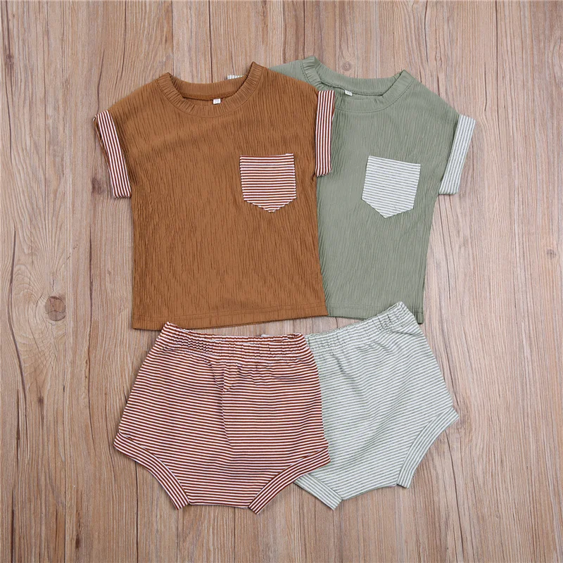 

2Pcs Casual New Summer Newborn Baby Girls Boys Clothes Crew Neck Contrast Sleeves Shirt Elastic Waistband Shorts for Toddler