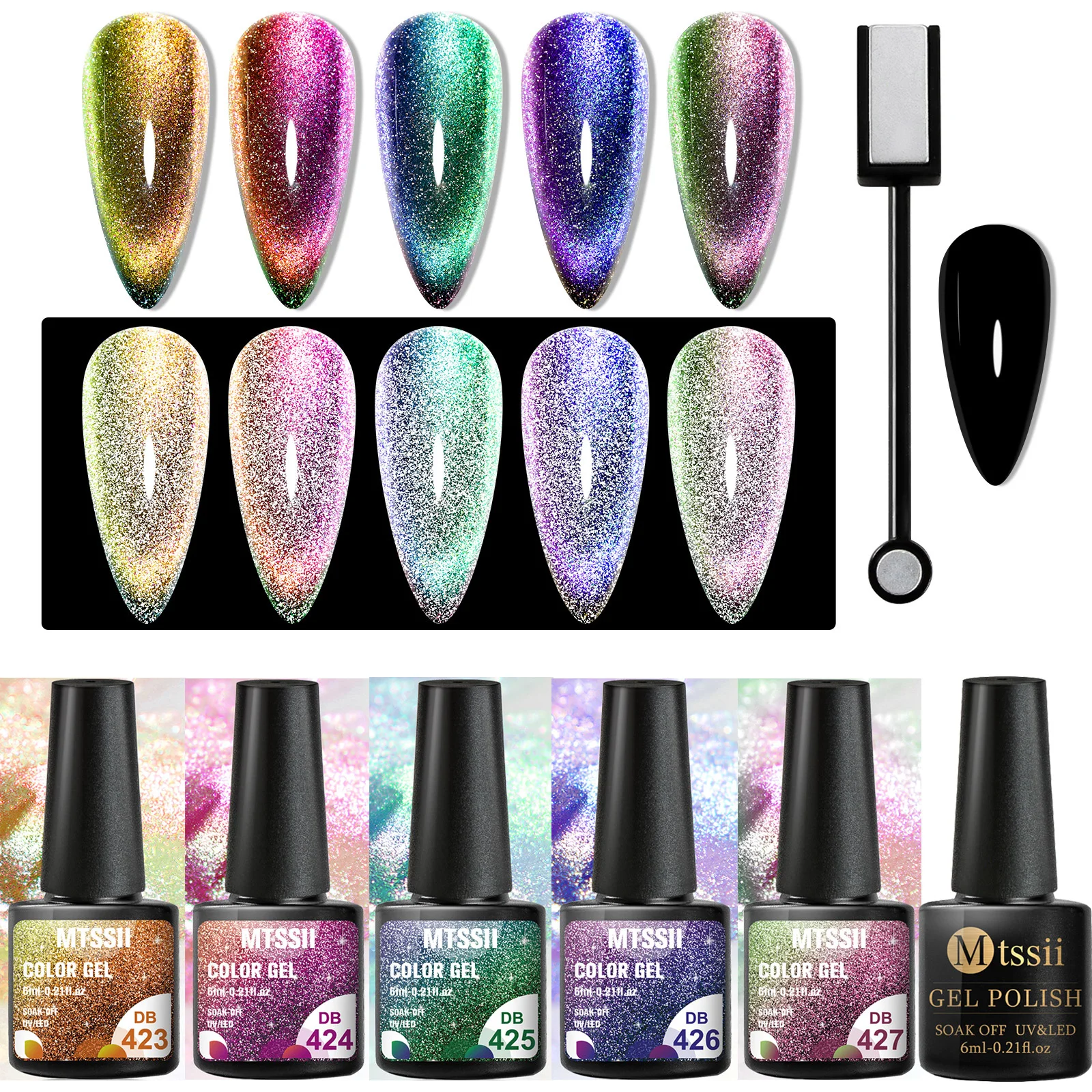 

Mtssii 7Pcs/set Reflective Glitter Cat Magnetic Gel Nail Polish with Magnet Stick Semi Permanent Soak Off UV Gel Manicure Kit