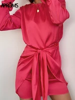 aproms elegant rose satin soft shirt dress women summer 2022 casual long sleeves bow tie pleated mini dresses female