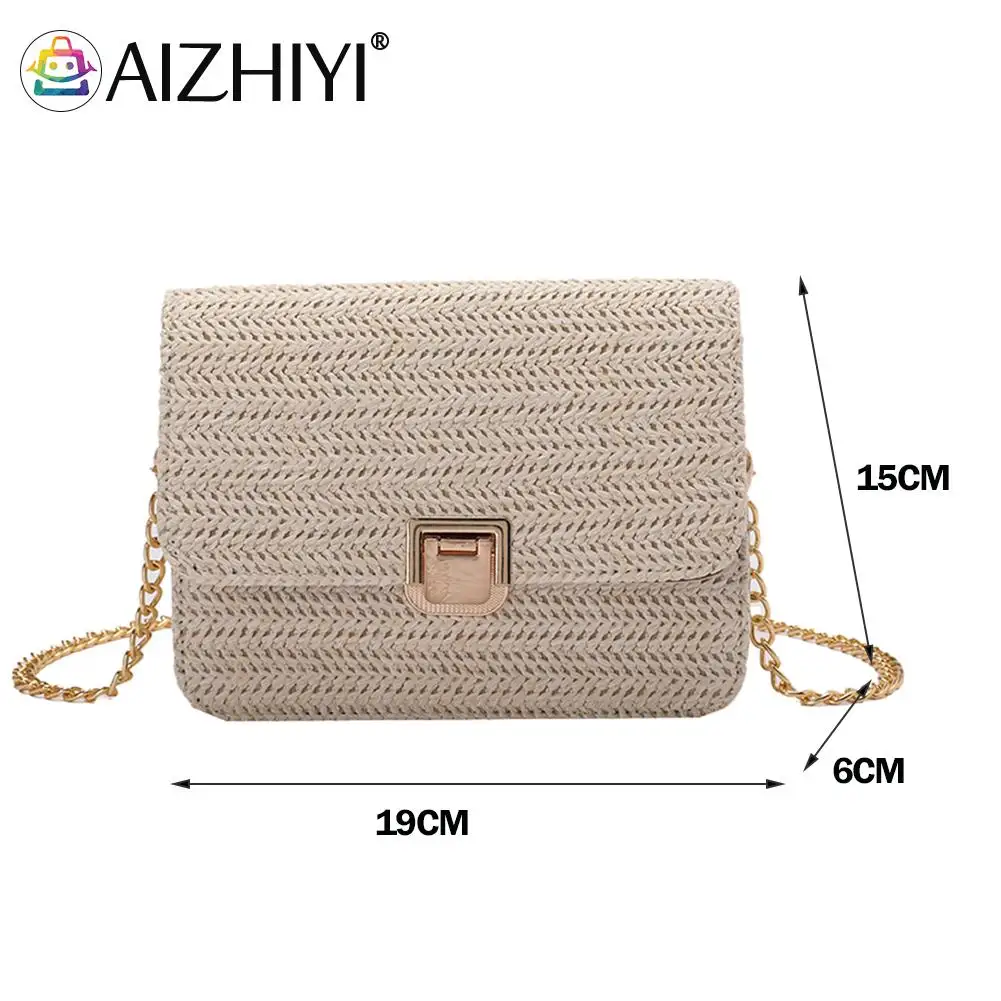 

Fashion Women Straw Woven Shoulder Crossbody Messenger Bag Casual Ladies Summer Beach Vacation Chain Small Handbags Flap Purse