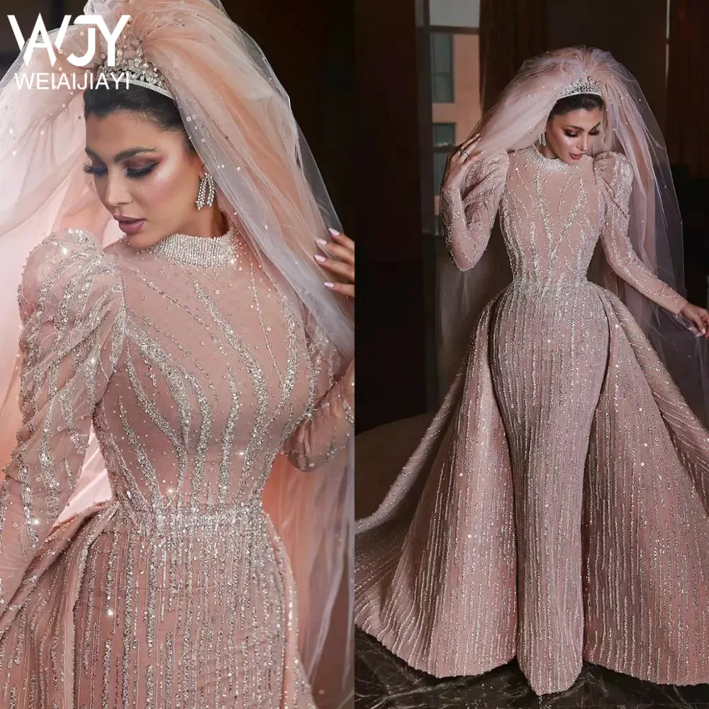 

Luxurious High Neck Crystals Formal Evening Gowns Beading Sexy Prom Dress Full Sleeve Brush Train Court Train Heavy Arabia