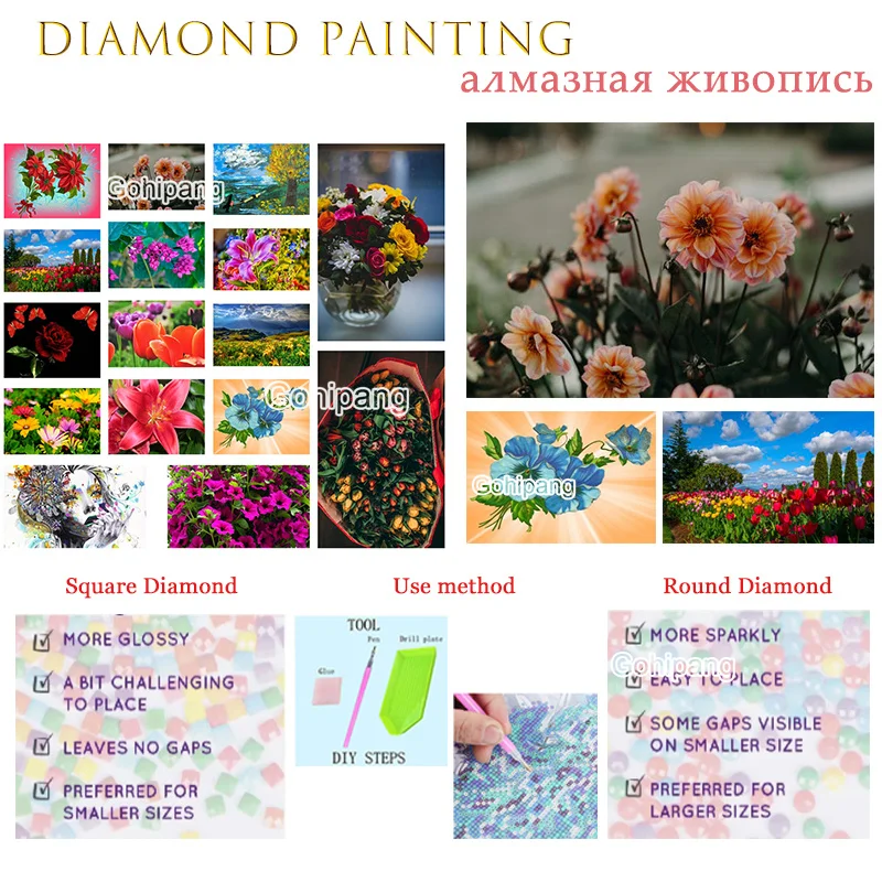 

Diamond Paintings Beautiful Flowers and Field 5D Diy Cross Stitch Rhinestones Square or Round Diamond for Home Rooms Decoration