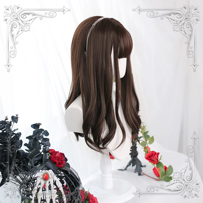 

Female Long Straight Slight Curly Chocolate Brown-Black Bangs Wig Women Wigs Lolita Cosplay Party