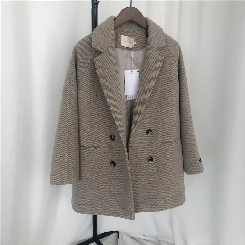 

Spring Women Woolen Jacket Coat Striped Thicken Winter New Loose Mid-length Coat