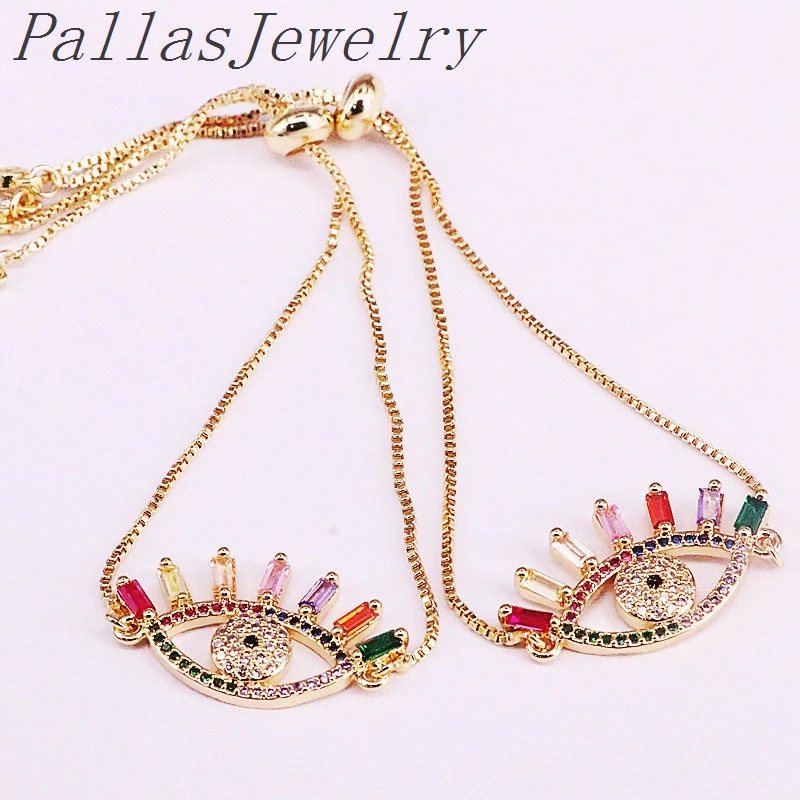 

10Pcs Gold color Pave rainbow cz Eye Connector Bracelets, Micro Pave CZ Eye Link Charm Jewelry Bracelets