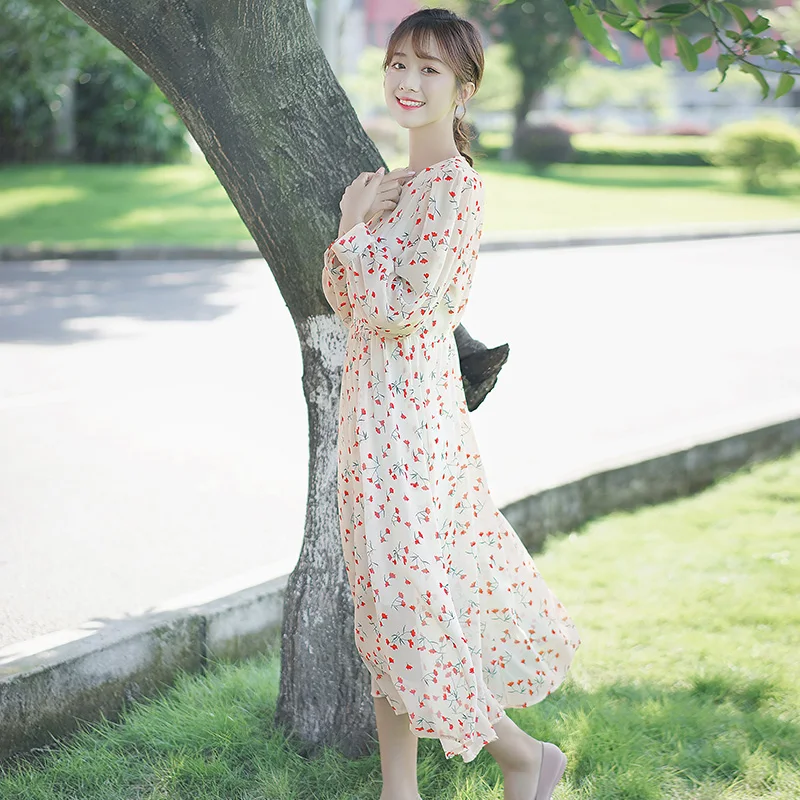 

Chic Khaki 2020 New Spring and Autumn Long Sleeve Vintage Floral Chiffon Dress Women's Clothing Overknee Base Mid-Length Skirt