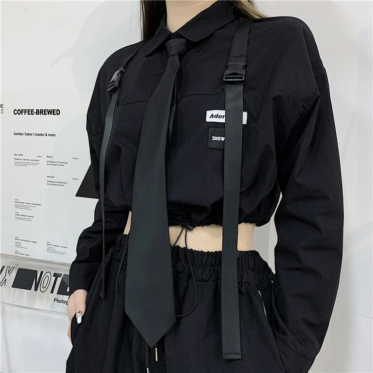 

Black White Lady Street Short Length Safari Style Shirt Autumn Women Strap Draw String Long Sleeve Tie Cargo Shirts Harajuku Top